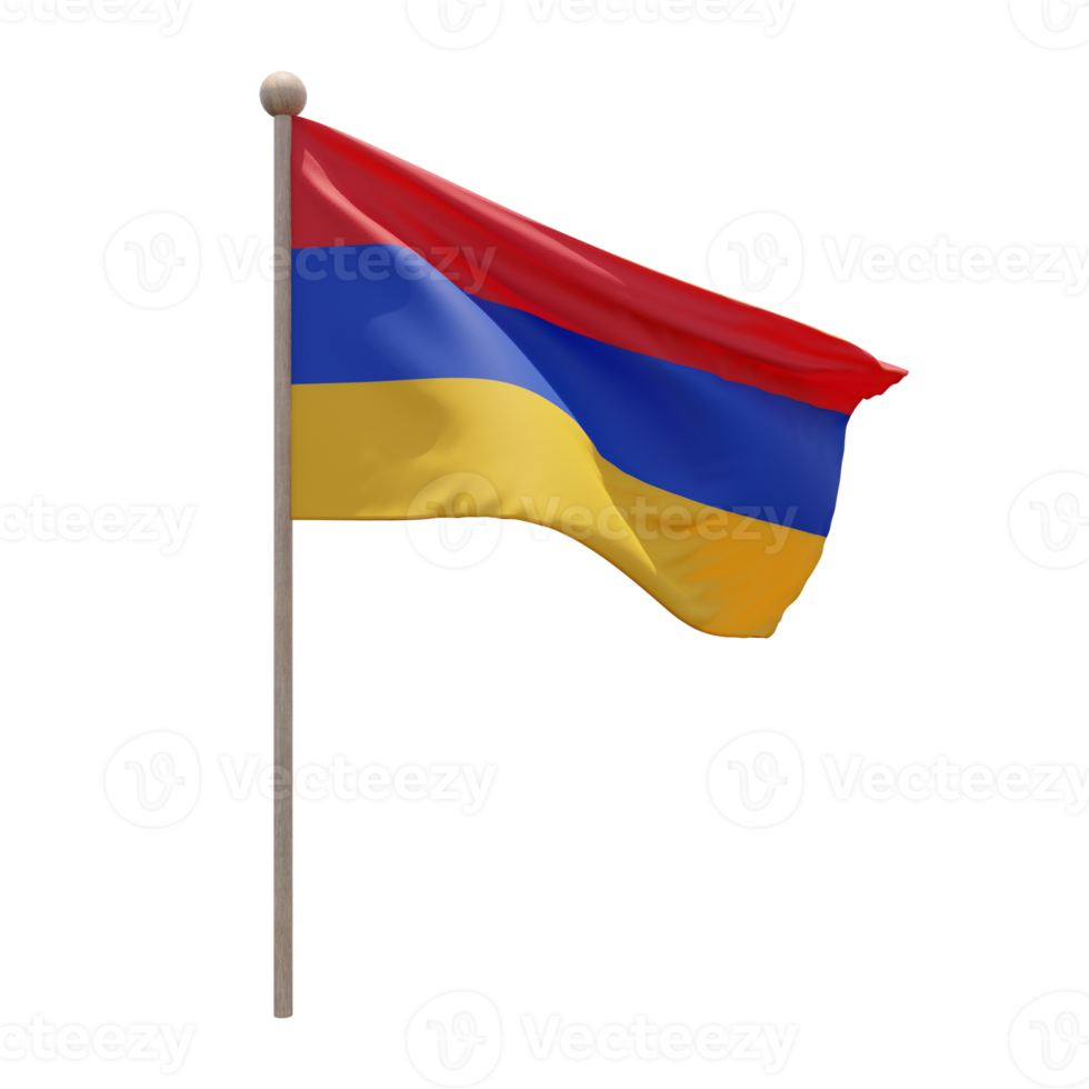 Armenien 3D-Darstellung Flagge auf der Stange. Fahnenmast aus Holz png