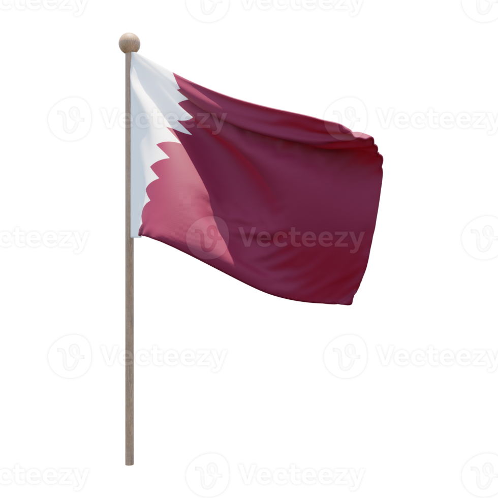 Qatar 3d illustration flag on pole. Wood flagpole png