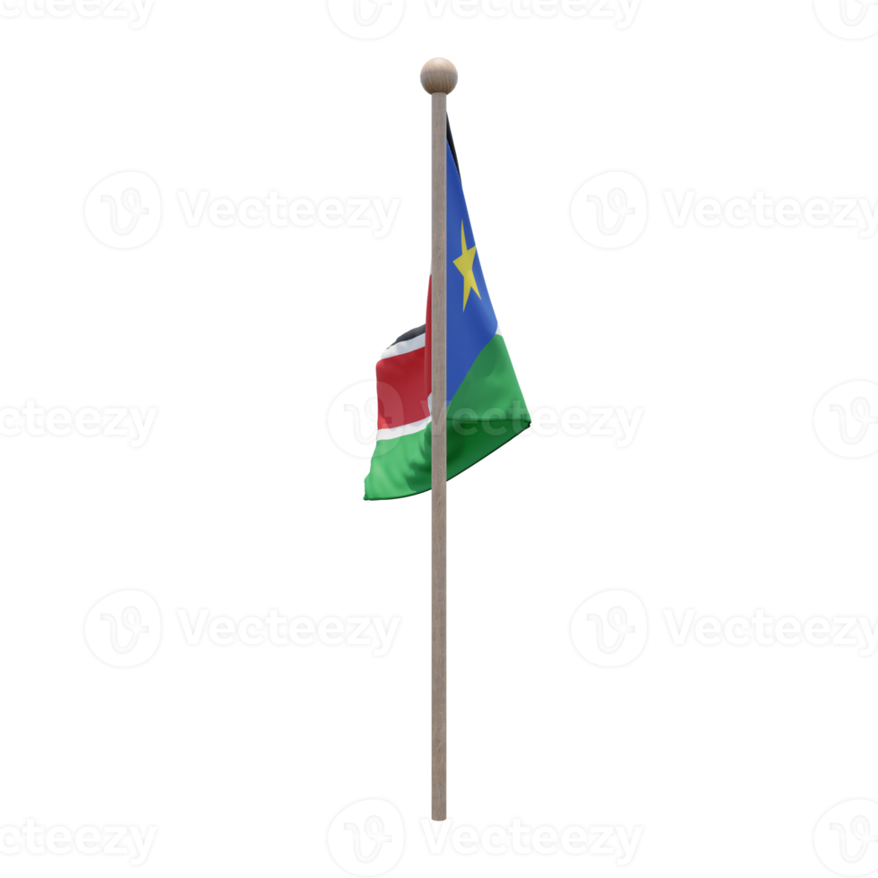 South Sudan 3d illustration flag on pole. Wood flagpole png