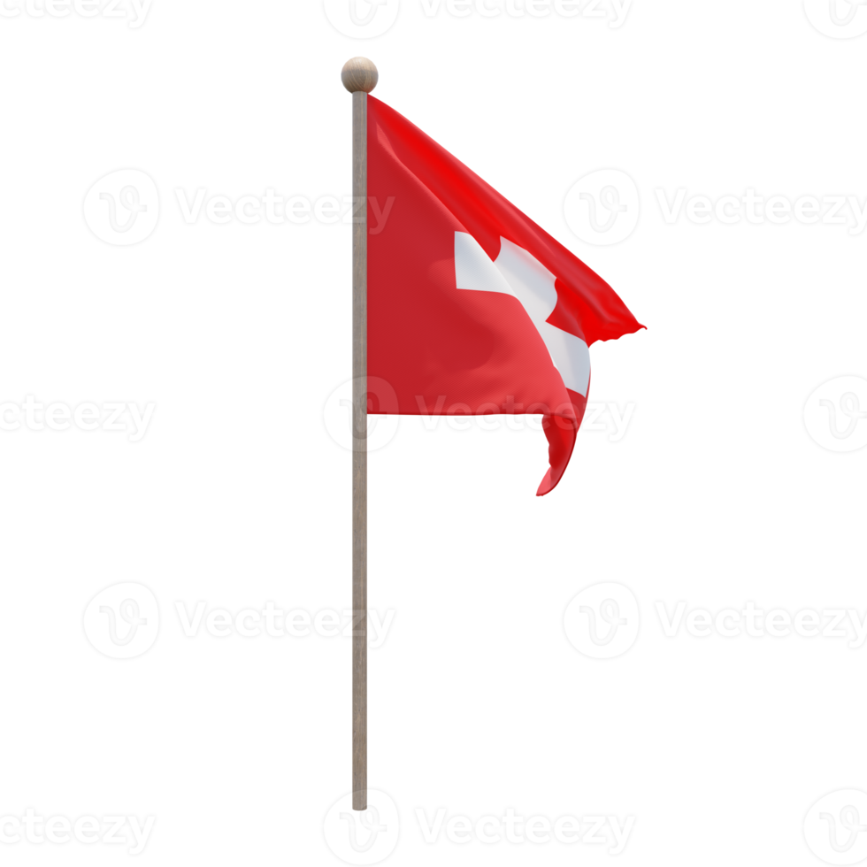 Switzerland 3d illustration flag on pole. Wood flagpole png