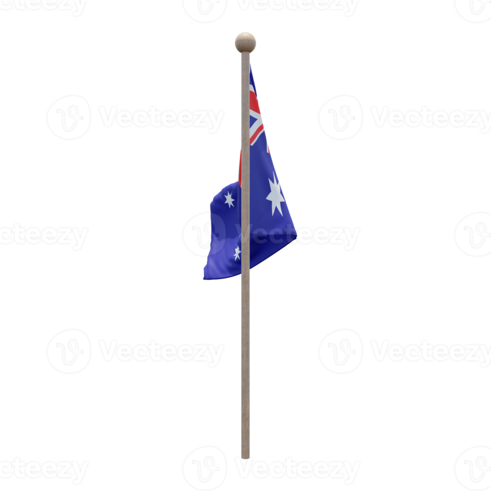 Australia 3d illustration flag on pole. Wood flagpole png