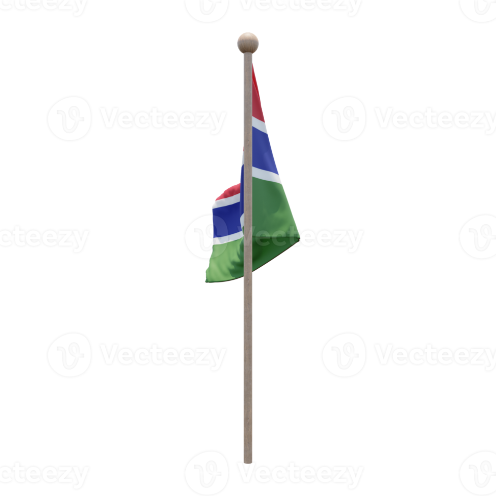 Gambia 3d illustration flag on pole. Wood flagpole png