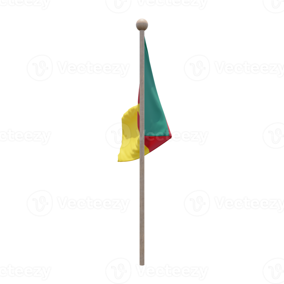 Cameroon 3d illustration flag on pole. Wood flagpole png