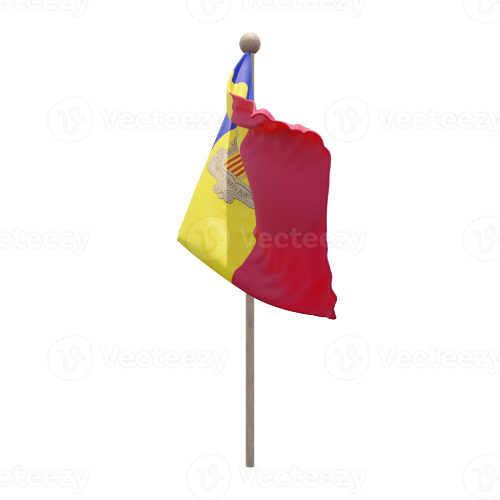 Andorra 3d illustration flag on pole. Wood flagpole png