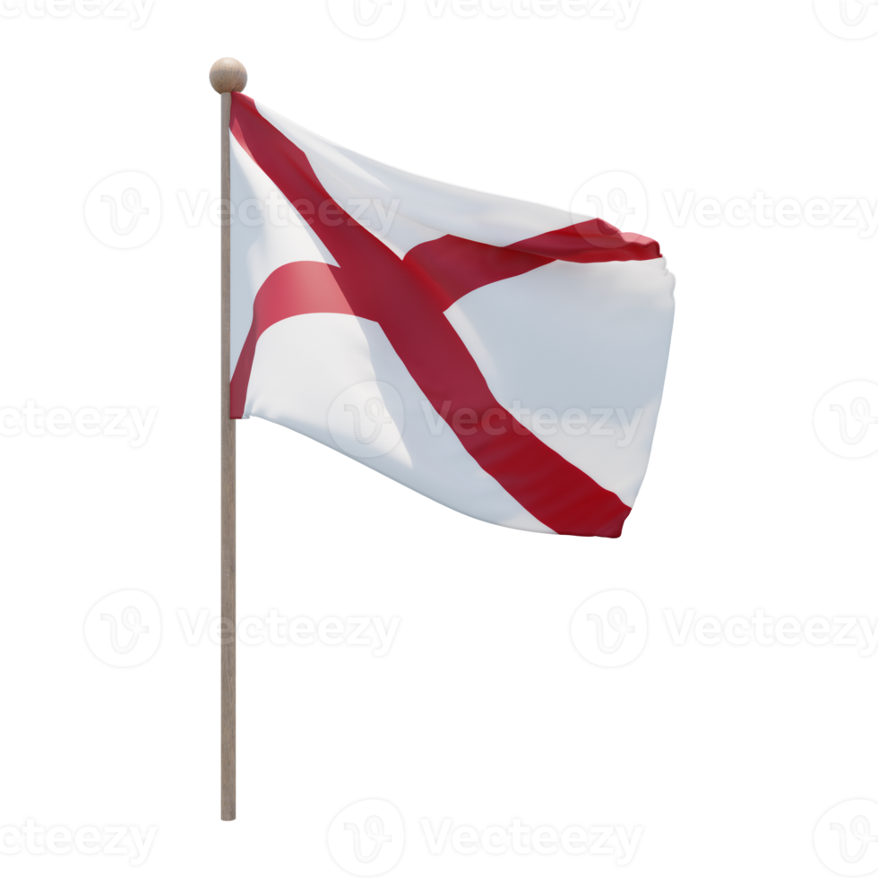 Alabama 3d illustration flag on pole. Wood flagpole png