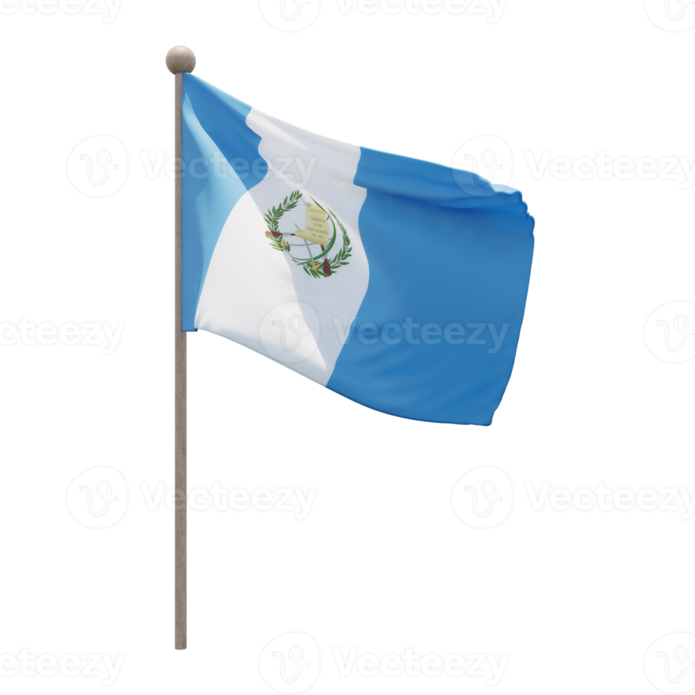 Guatemala 3d illustration flag on pole. Wood flagpole png