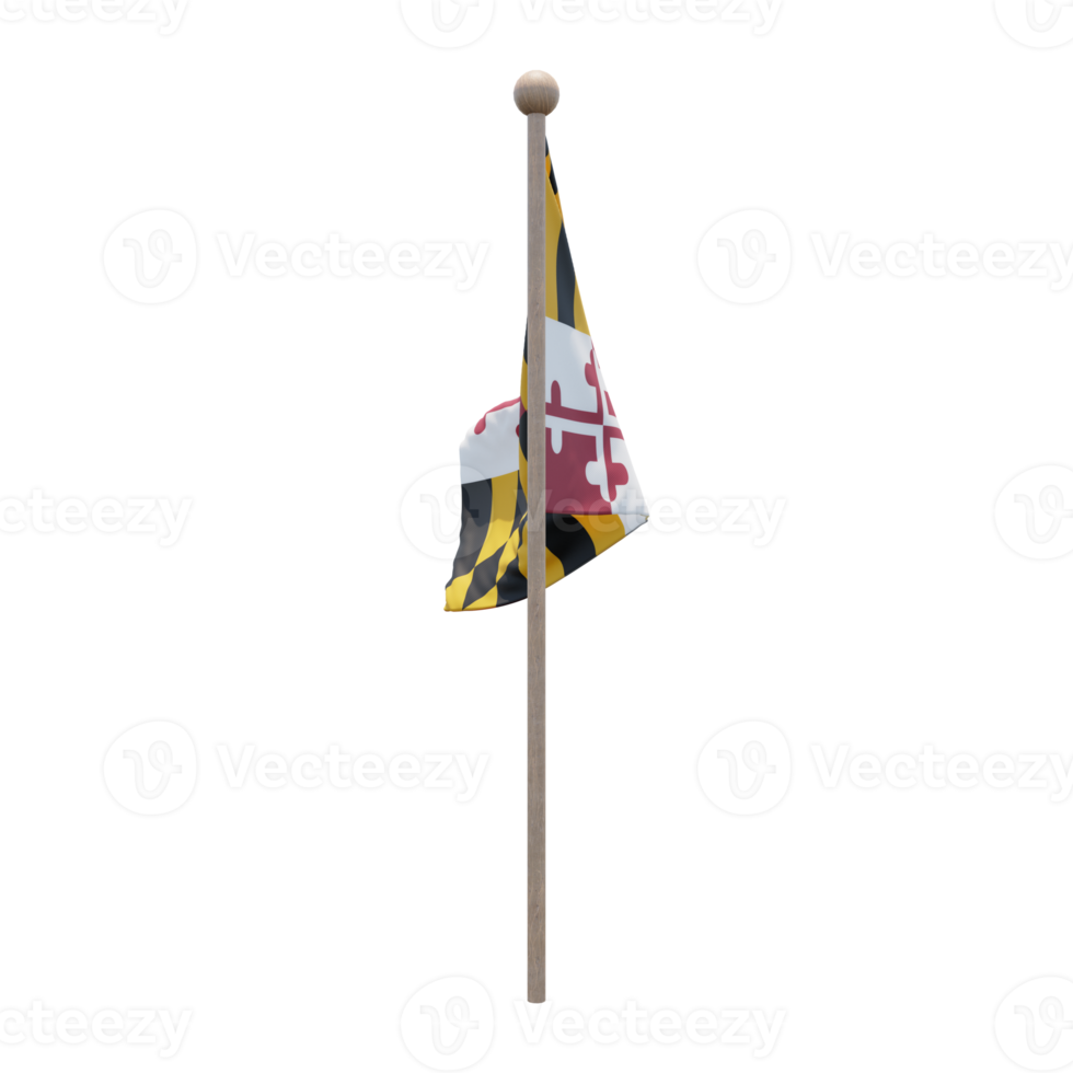 Maryland 3d illustration flag on pole. Wood flagpole png