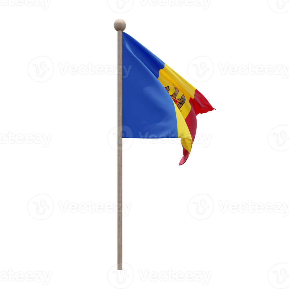 Moldova 3d illustration flag on pole. Wood flagpole png