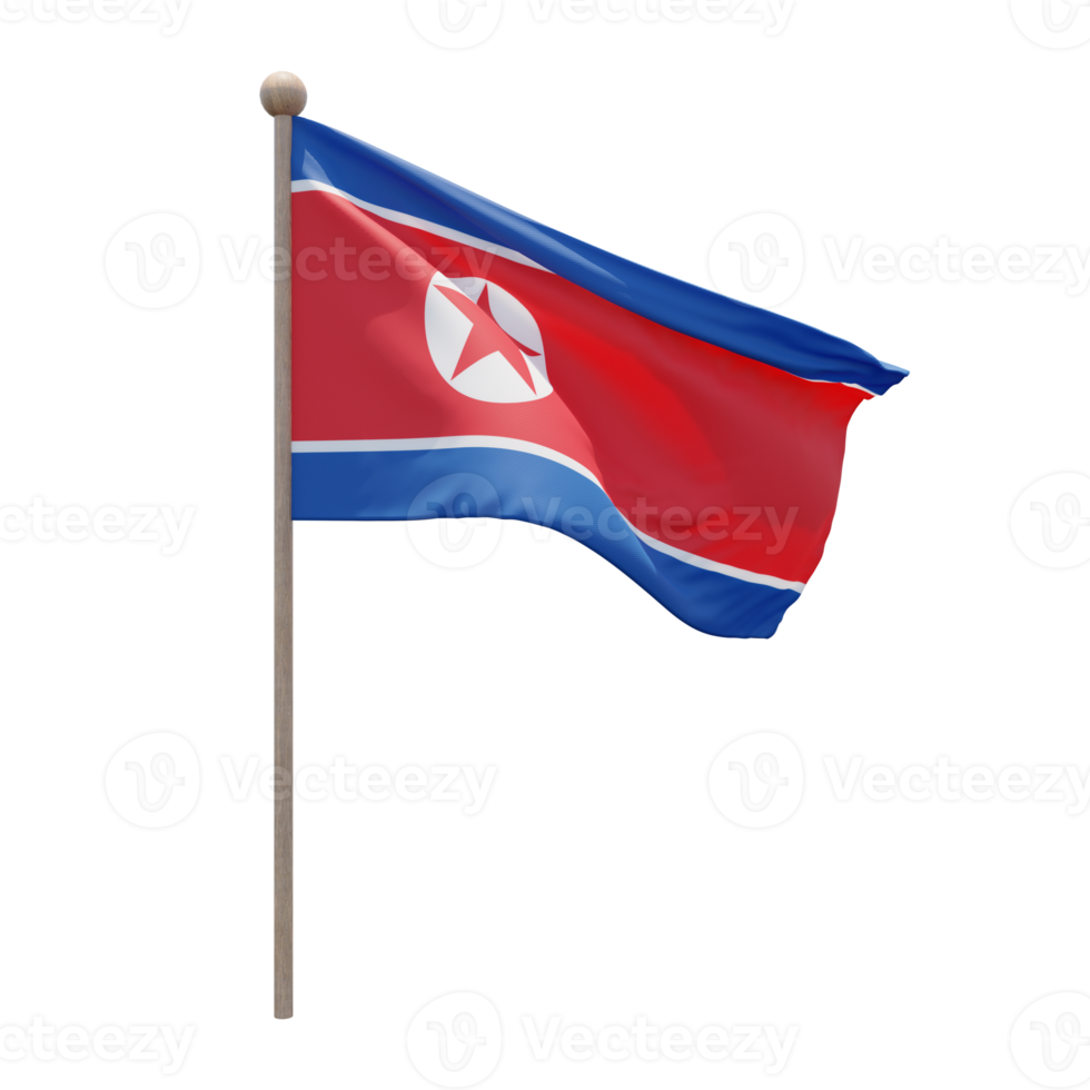 North Korea 3d illustration flag on pole. Wood flagpole png