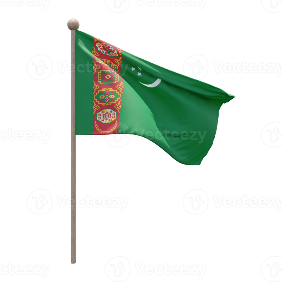 Turkmenistan 3d illustration flag on pole. Wood flagpole png