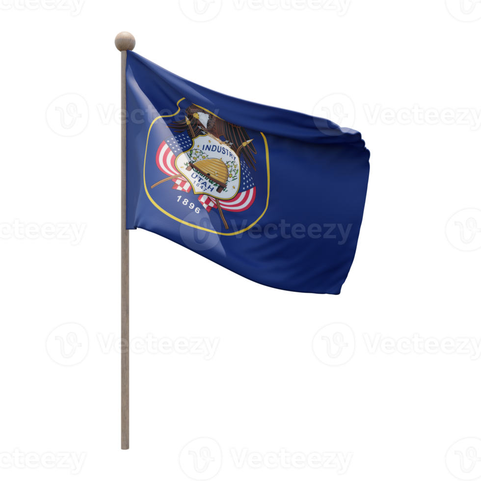 Utah 3d illustration flag on pole. Wood flagpole png