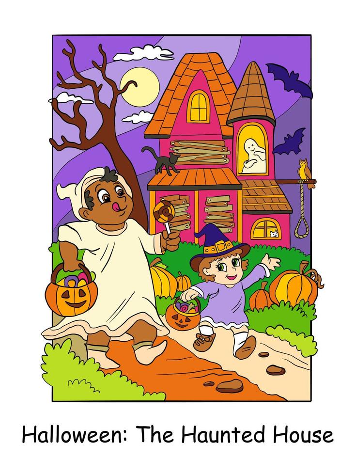 Halloween children walk past a haunted house vector colorful illustration