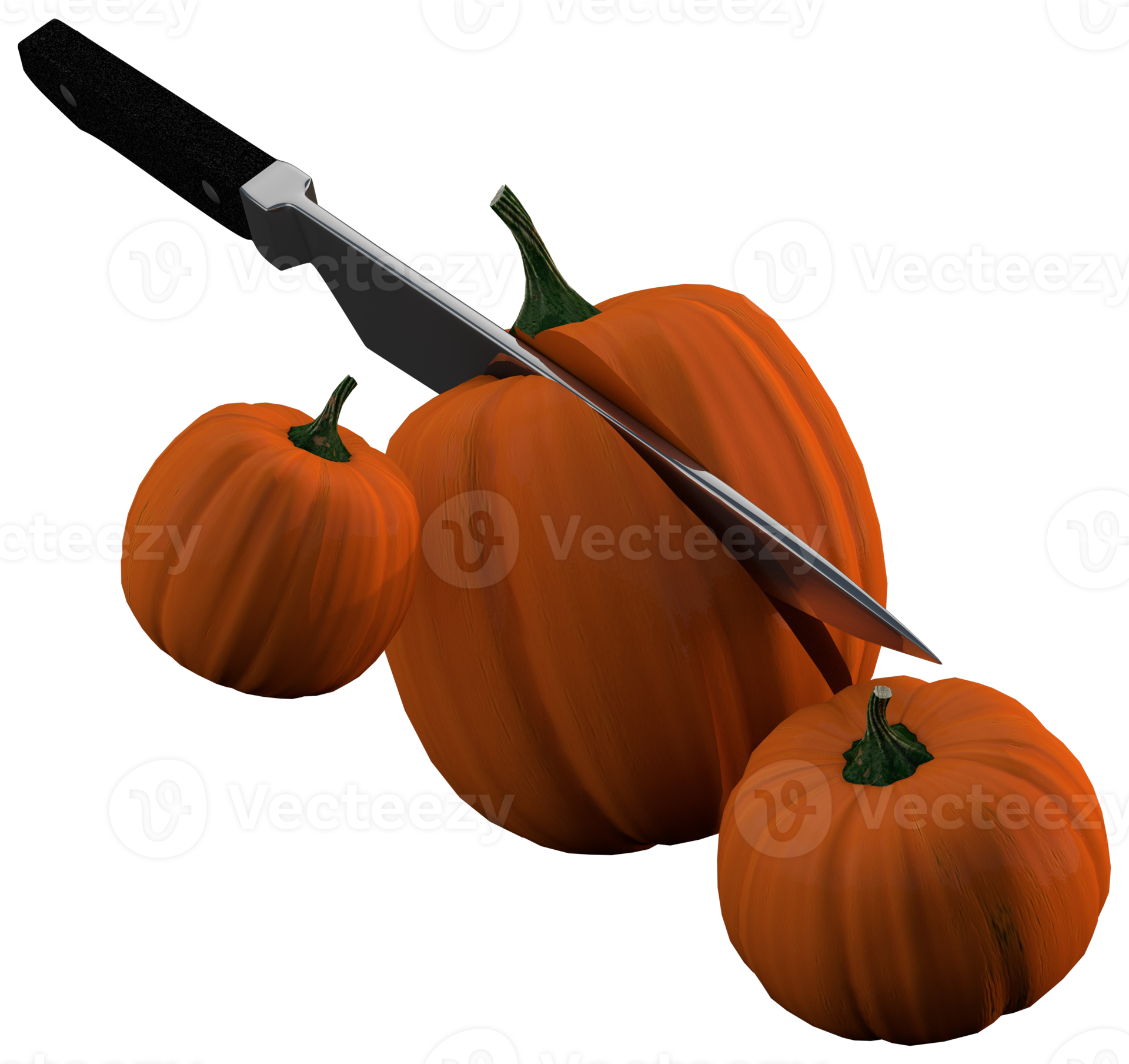 Pumpkins floating with knife cutting a pumpkin in half 3d render 11234947 PNG