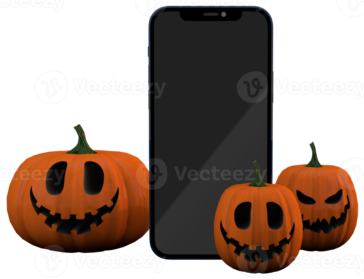 3d digital halloween with smartphone and pumpkins smiling png