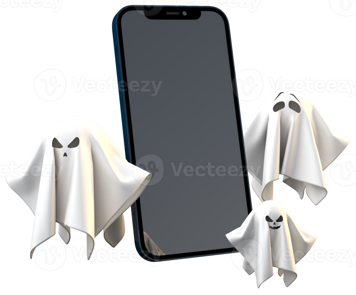 celebración digital de halloween con fantasmas y pantalla de maqueta de teléfono inteligente png