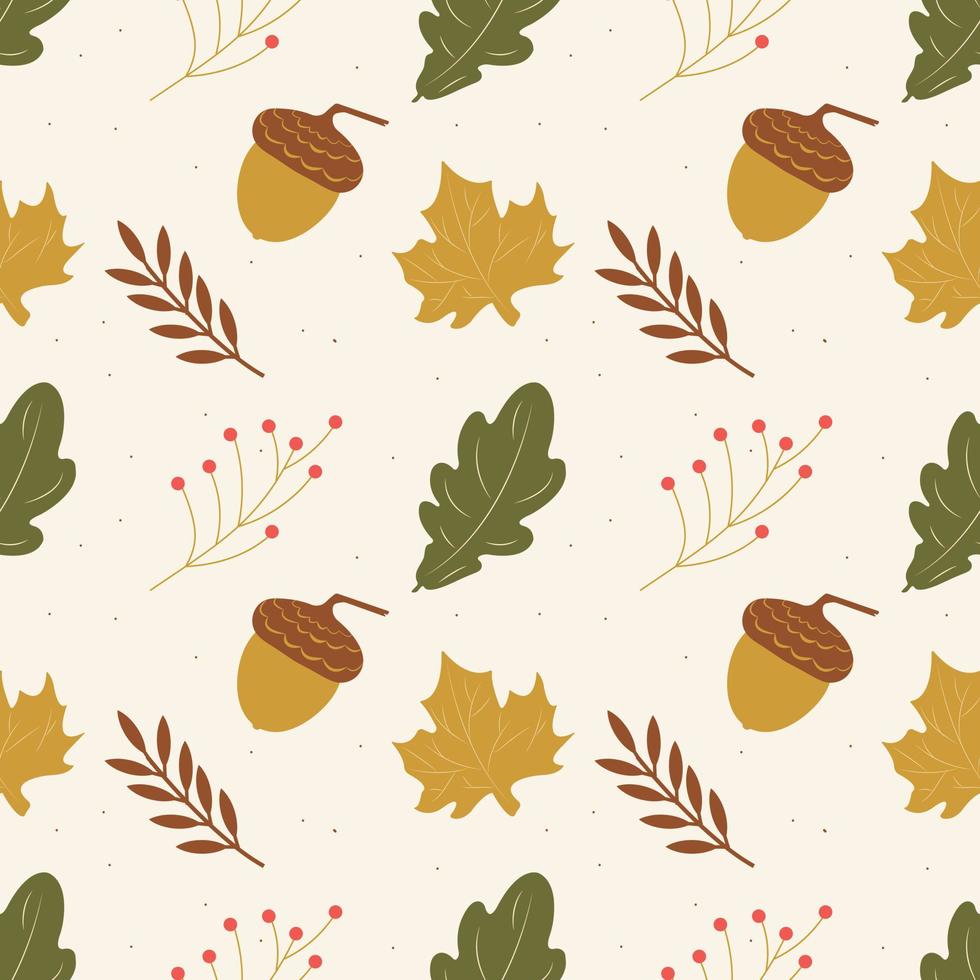 Seamless fall pattern. Seamless vector autumn leaves and berries. Pattern Green and yellow plants and red berries for fabric or package print