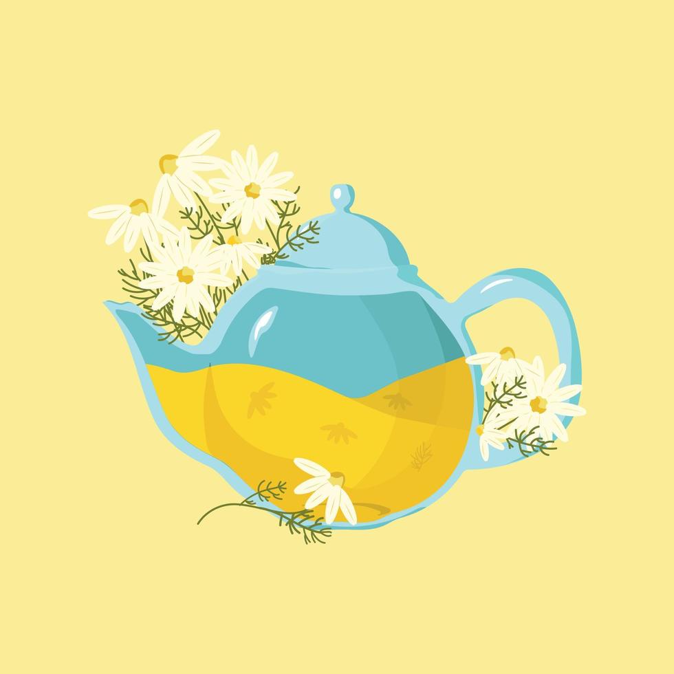 Chamomile Herbal Tea. Vector illustration of chamomile flower tea in a blue teapot for package or menu design.