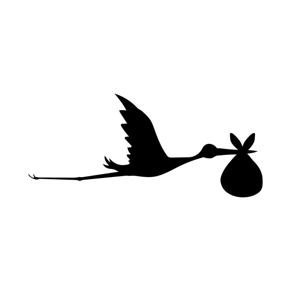 Stork with bag. Vector black silhouette of stork flying with baby for newborn baby stuff design.
