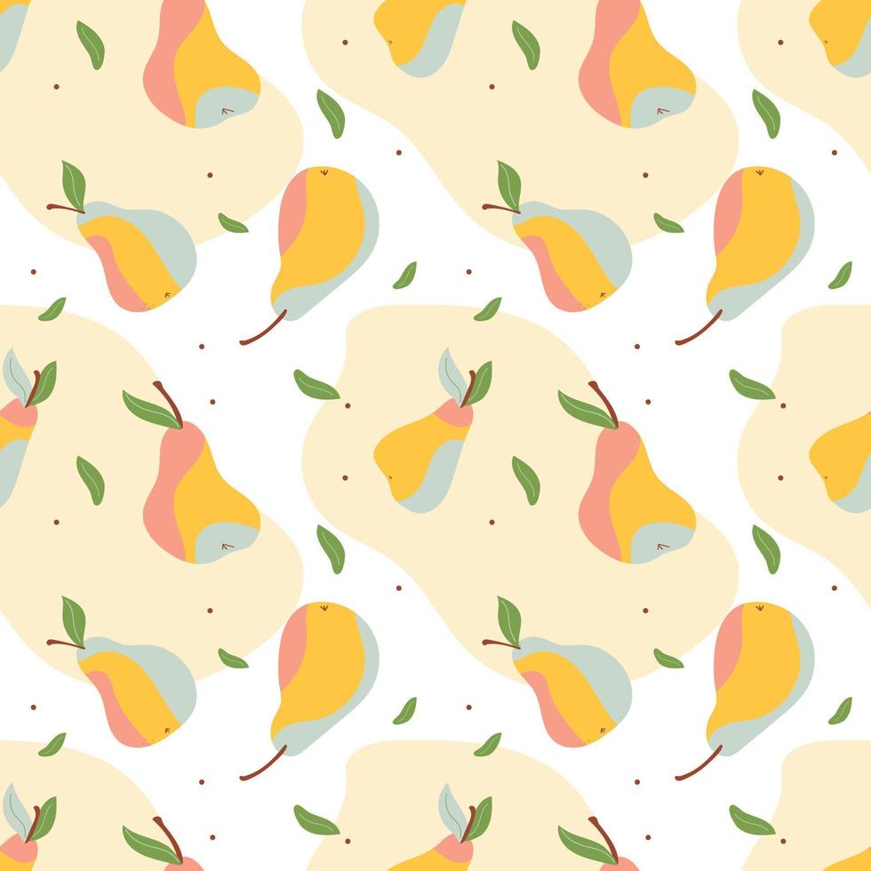 Pear pattern. Seamless pear pattern with colored pink and gray spots for a package or fabric print. Summer seamless vector with yellow fruit and leaf green.
