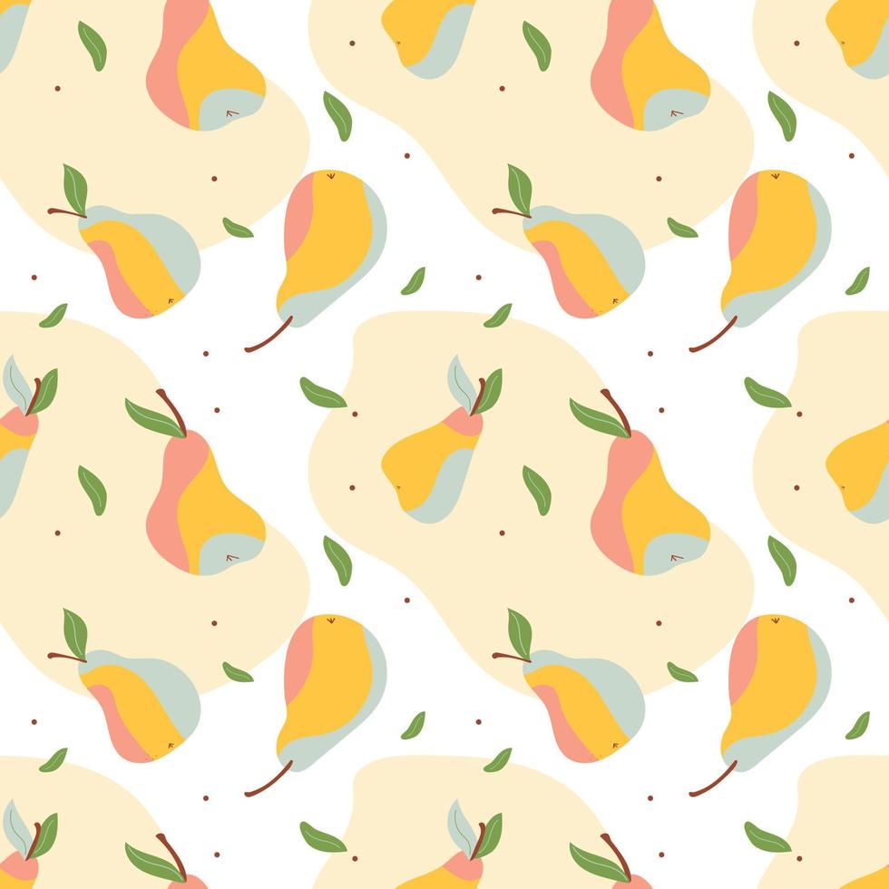 Pear pattern. Seamless pear pattern with colored pink and gray spots for a package or fabric print. Summer seamless vector with yellow fruit and leaf green.