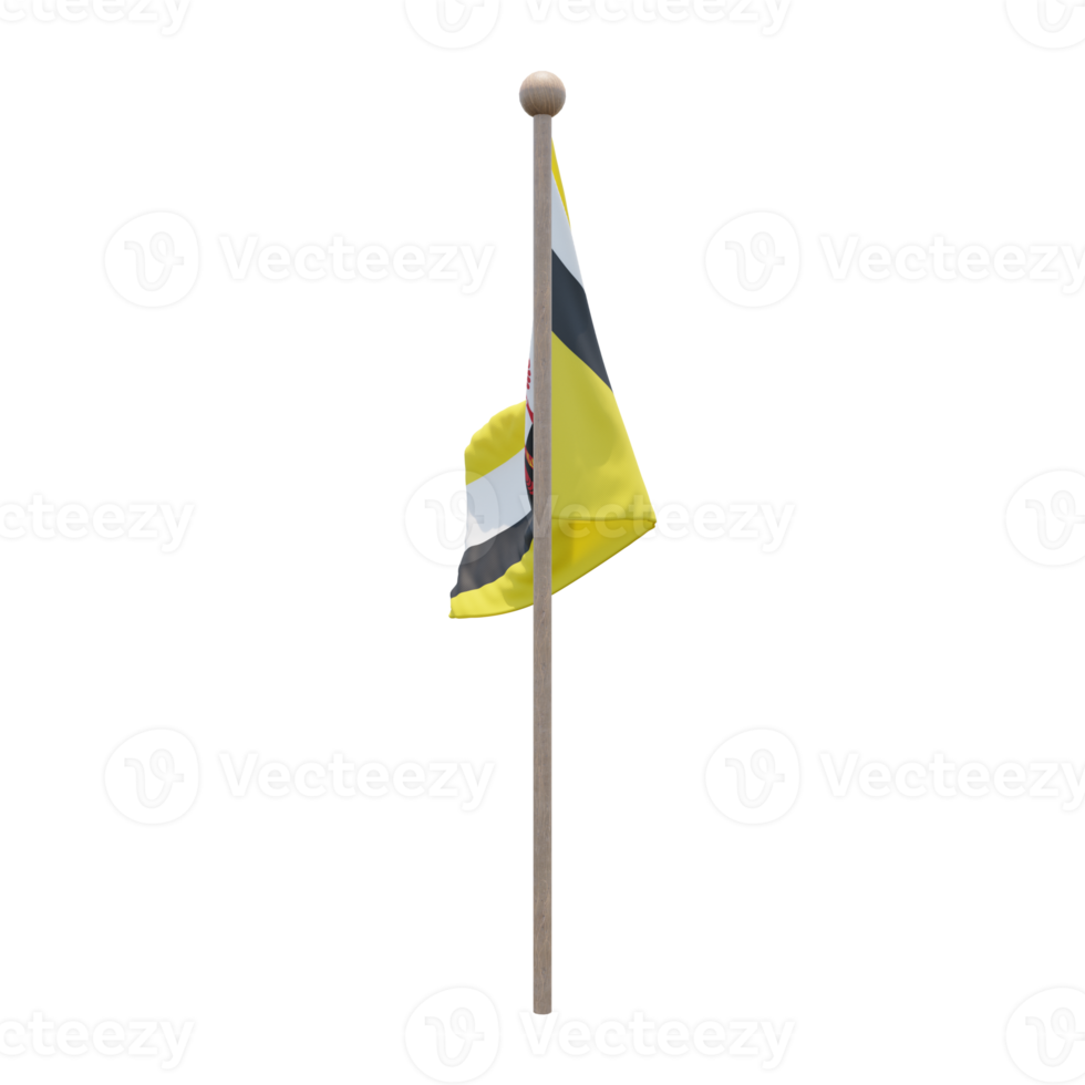 Brunei 3d illustration flag on pole. Wood flagpole png