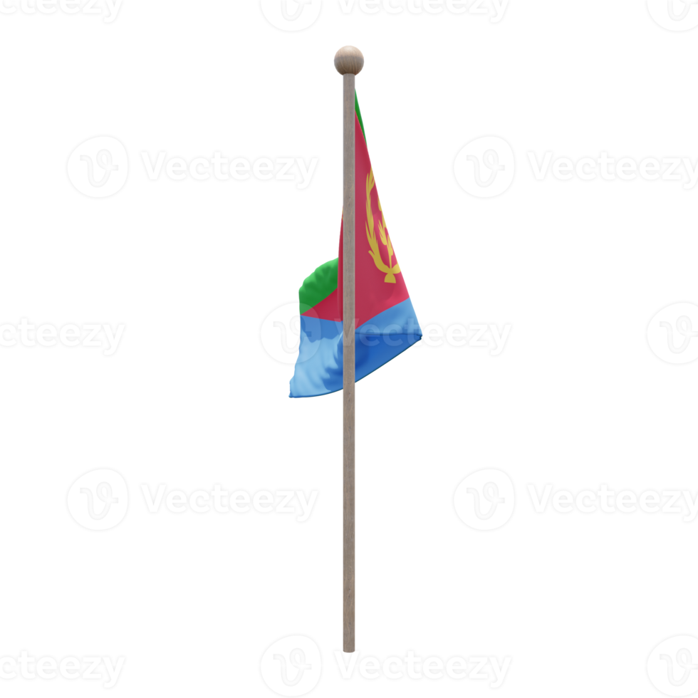 Eritrea 3d illustration flag on pole. Wood flagpole png