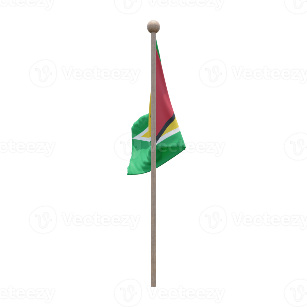 Guyana 3d illustration flag on pole. Wood flagpole png