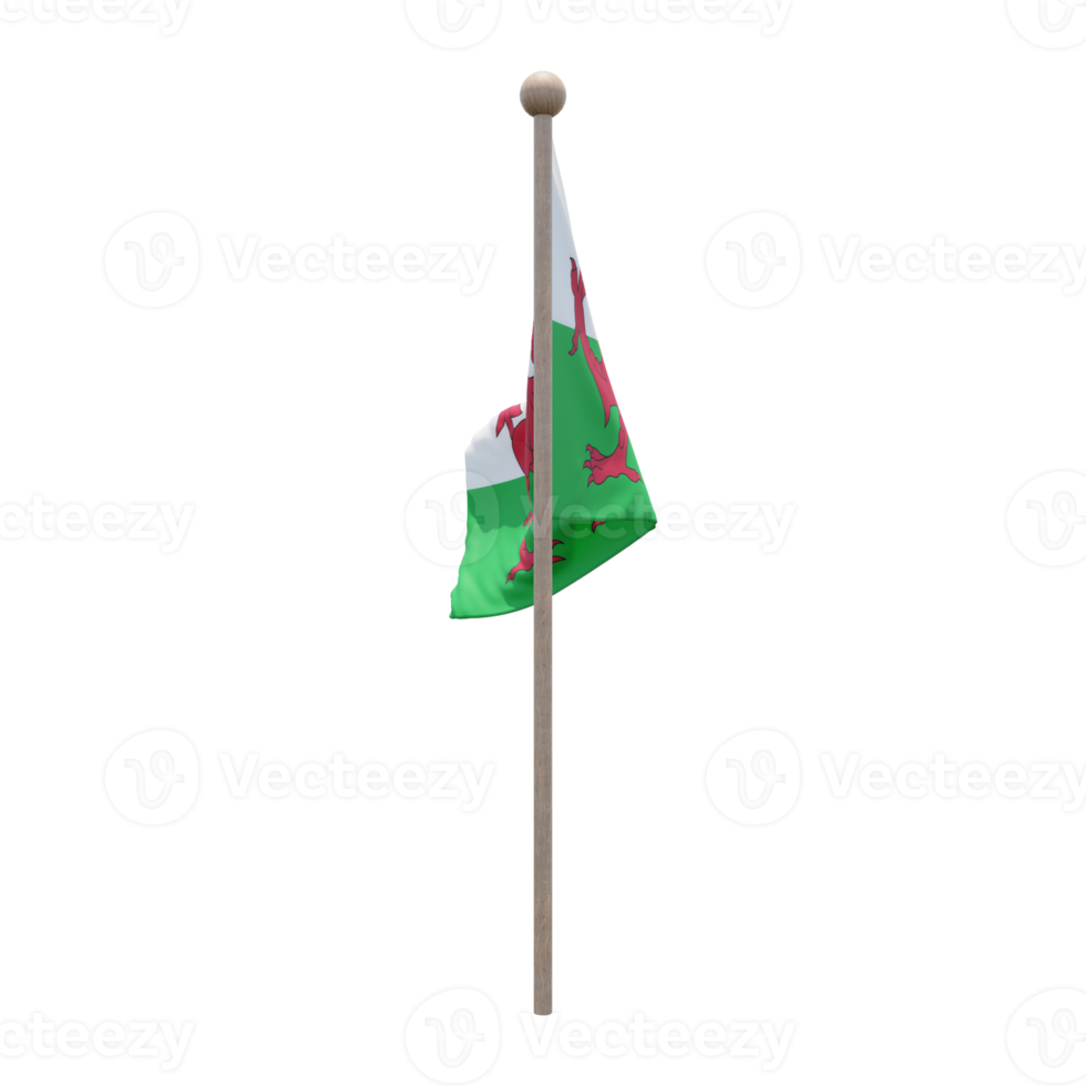 Wales 3d illustration flag on pole. Wood flagpole png