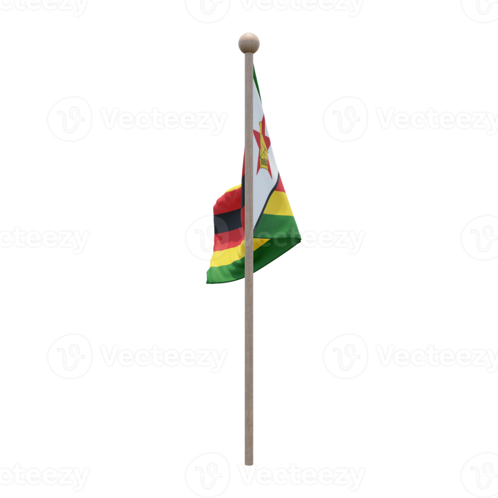 Zimbabwe 3d illustration flag on pole. Wood flagpole png