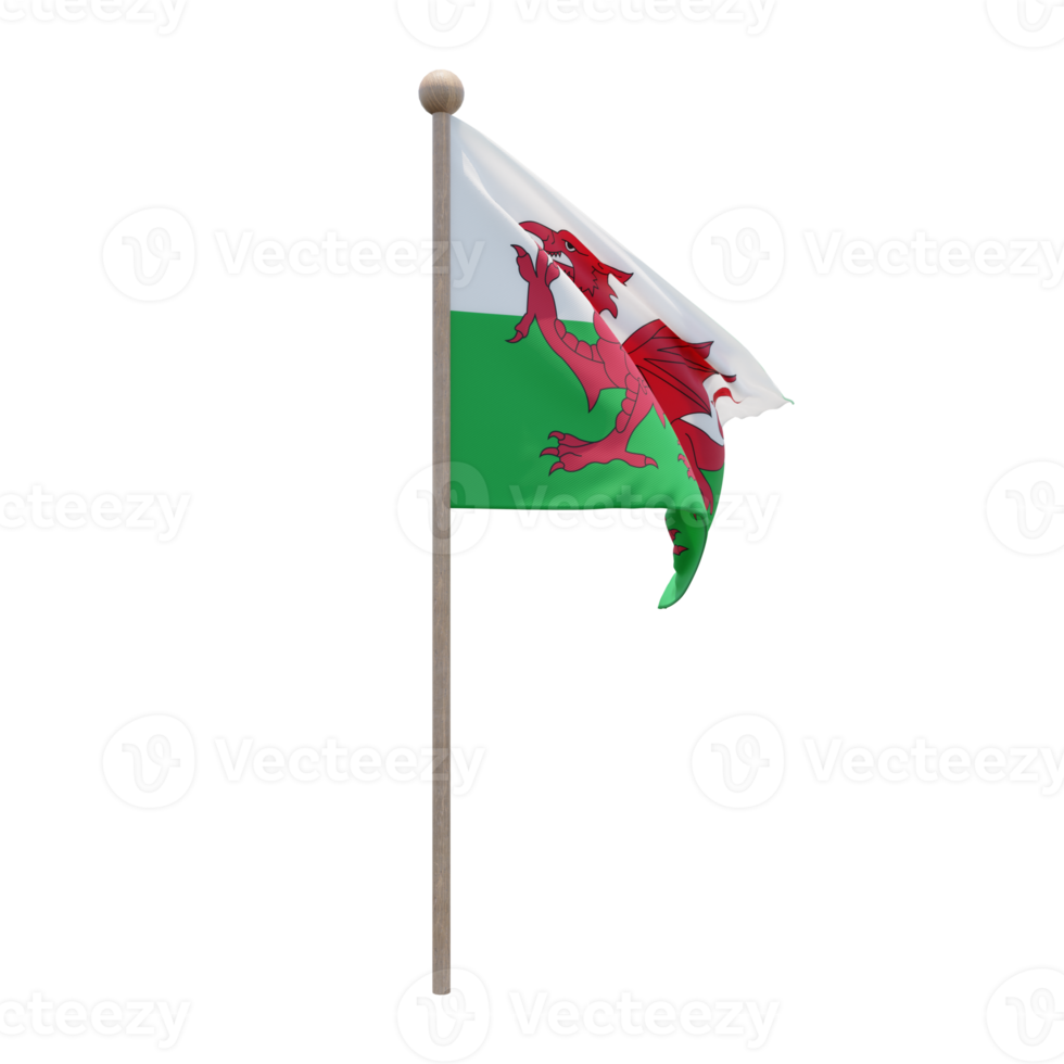 Wales 3d illustration flag on pole. Wood flagpole png