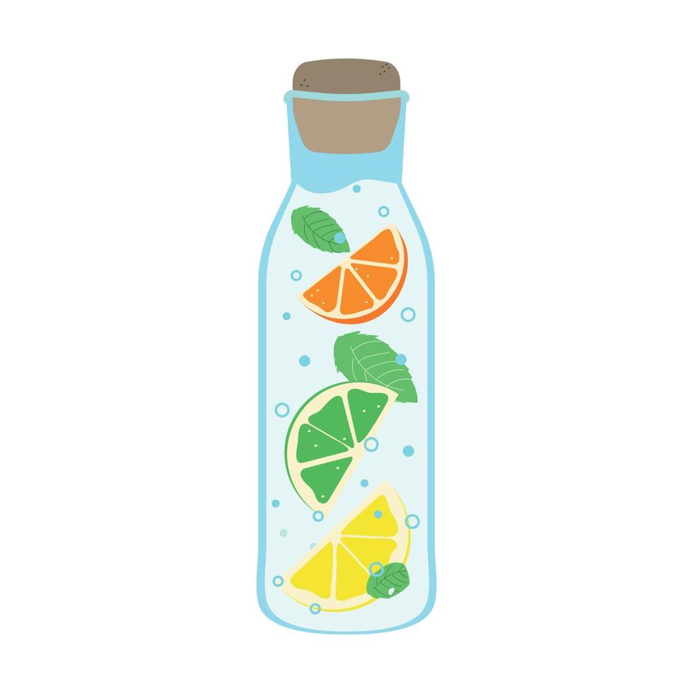 Detox water with citrus. Vector illustration of water bottle with orange and lemon, lime and mint. Drawing of water with fruit for healthy eating for a print or article.