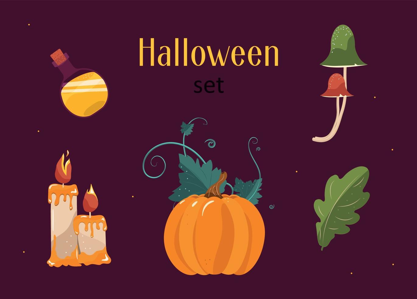 conjunto de halloween conjunto vectorial para el diseño festivo de la festividad de todos los santos. dos velas y una poción amarilla. somormujos y una calabaza con hojas. vector