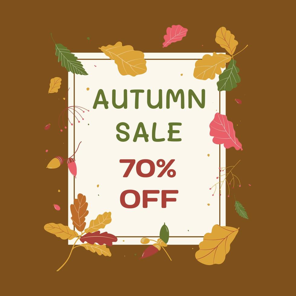 Fall sale template. Vector illustration of autumn frame with leaves and berries for promotion. Yellow and orange leaves and red berries