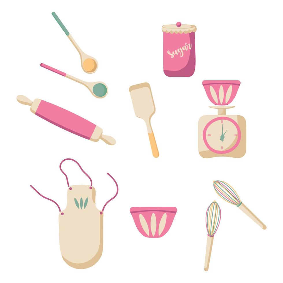 Kitchen accessories for the pastry chef. Vector drawing of a set of pink pastry chef's tools. Apron, sugar and whisk. Colored spoons. Set of kitchen utensils to design an article or advertisement.