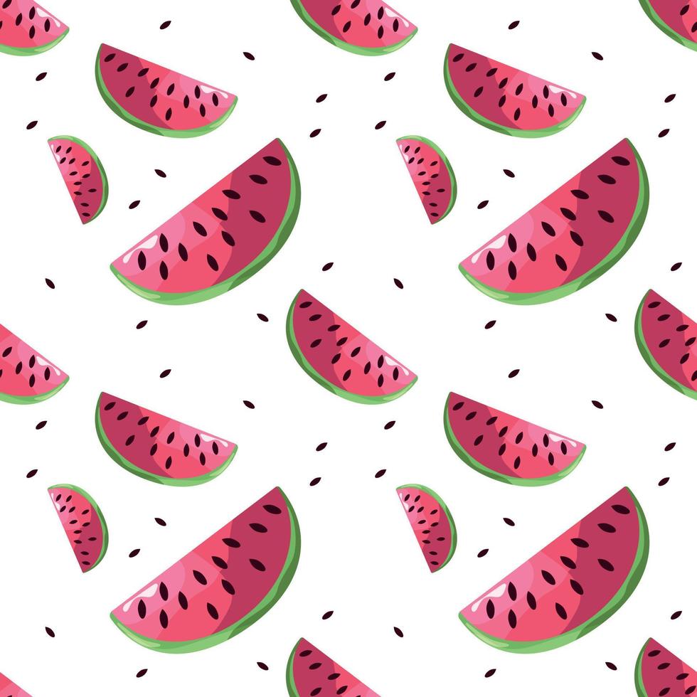 Seamless summer watermelon slices and seeds scattered for fabric or packaging print. vector