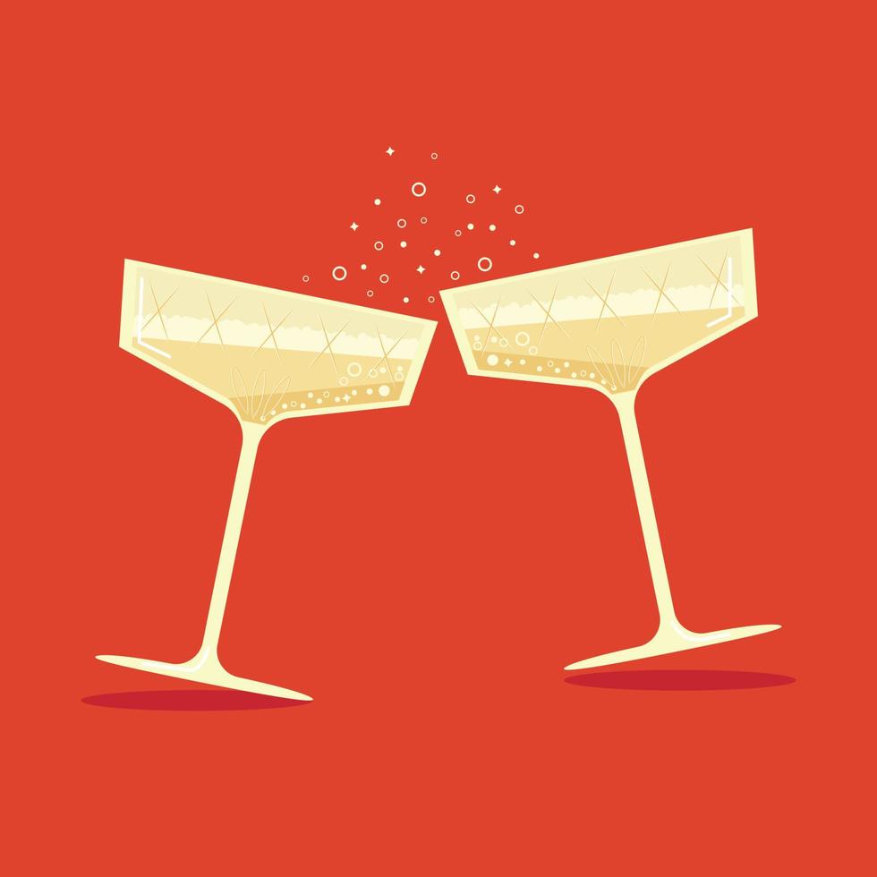 Champagne glasses. Vector illustration of two glasses with bubbly and bubbles for holiday announcement or card design.