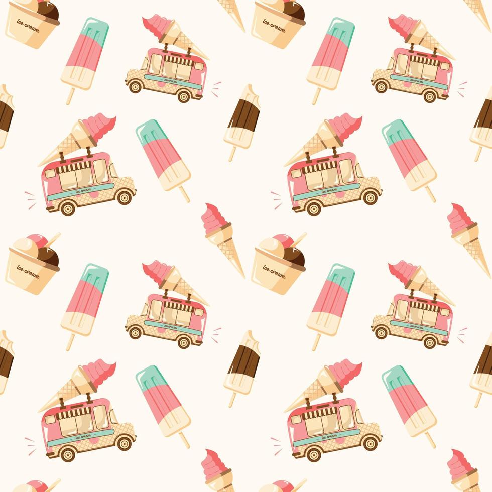 Ice Cream Pattern. Seamless vector ice cream on a stick blue, strawberry and plombard. Ice cream in a cup strawberry, chocolate and ice cream. Seamless pattern of retro ice cream van with advertisemen