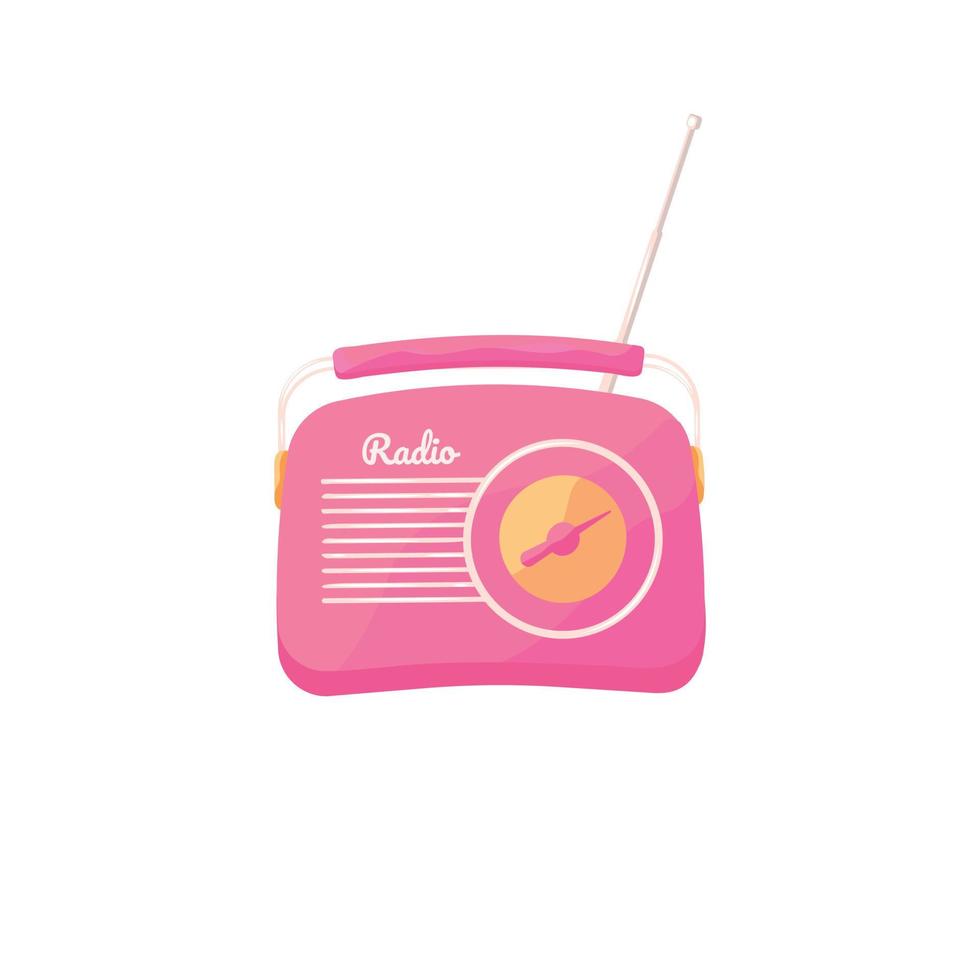 Illustration of a pink radio with white bands and antenna. Vector retro radio for website design or articles.