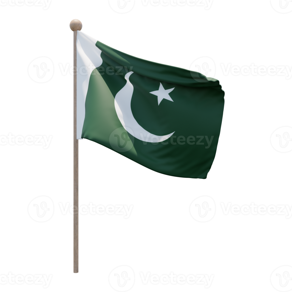 Pakistan 3d illustration flag on pole. Wood flagpole png