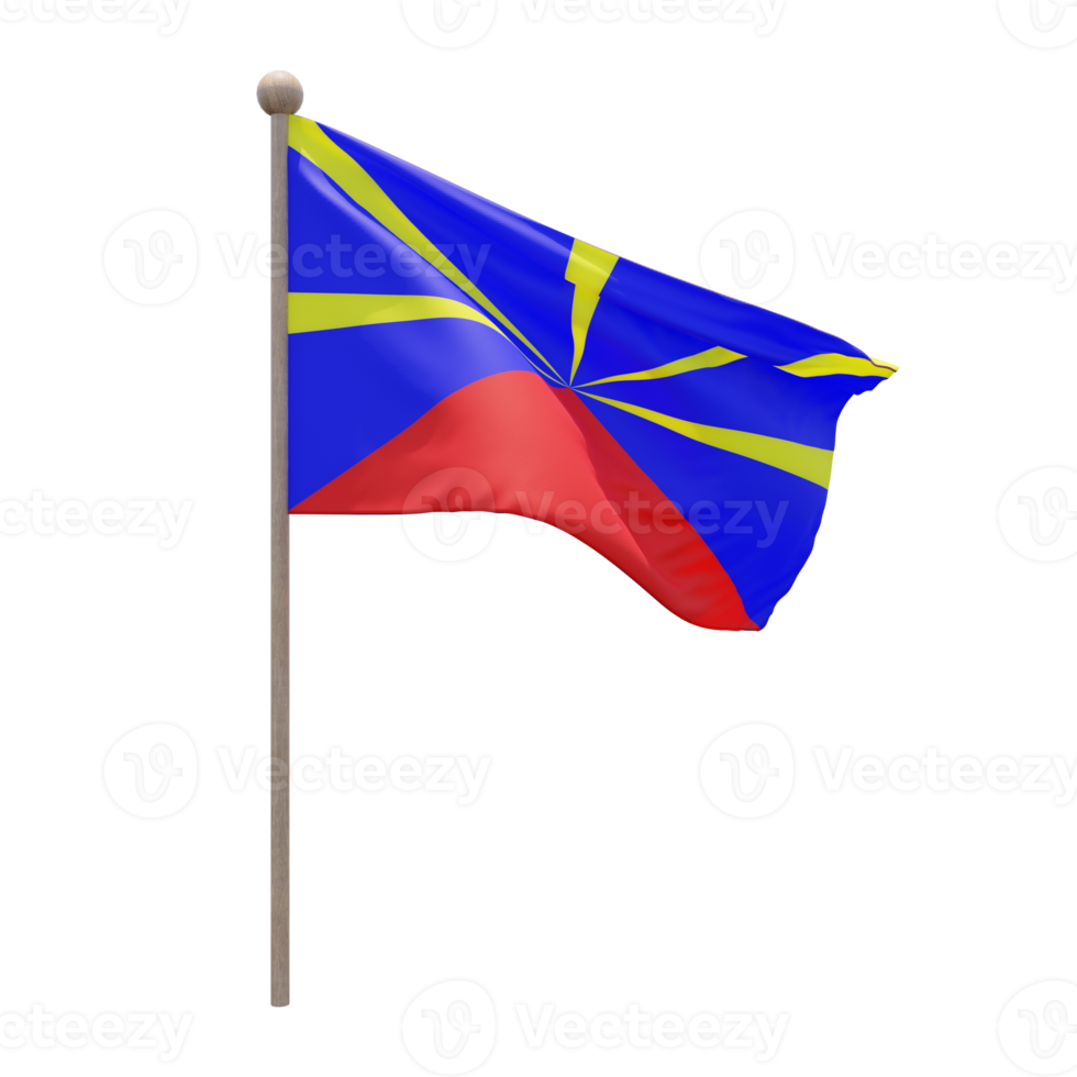 Reunion Radiant Volcano 3d illustration flag on pole. Wood flagpole png