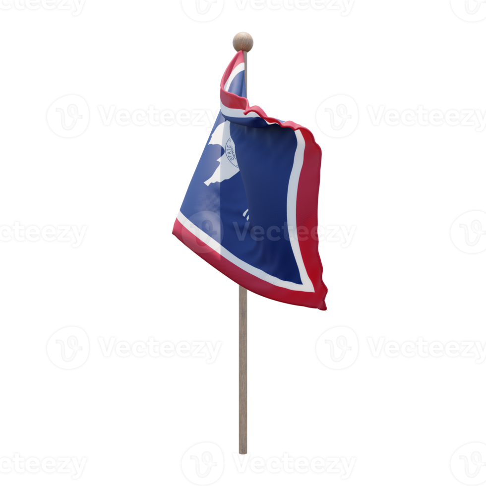 Wyoming 3D-Darstellung Flagge auf der Stange. Fahnenmast aus Holz png