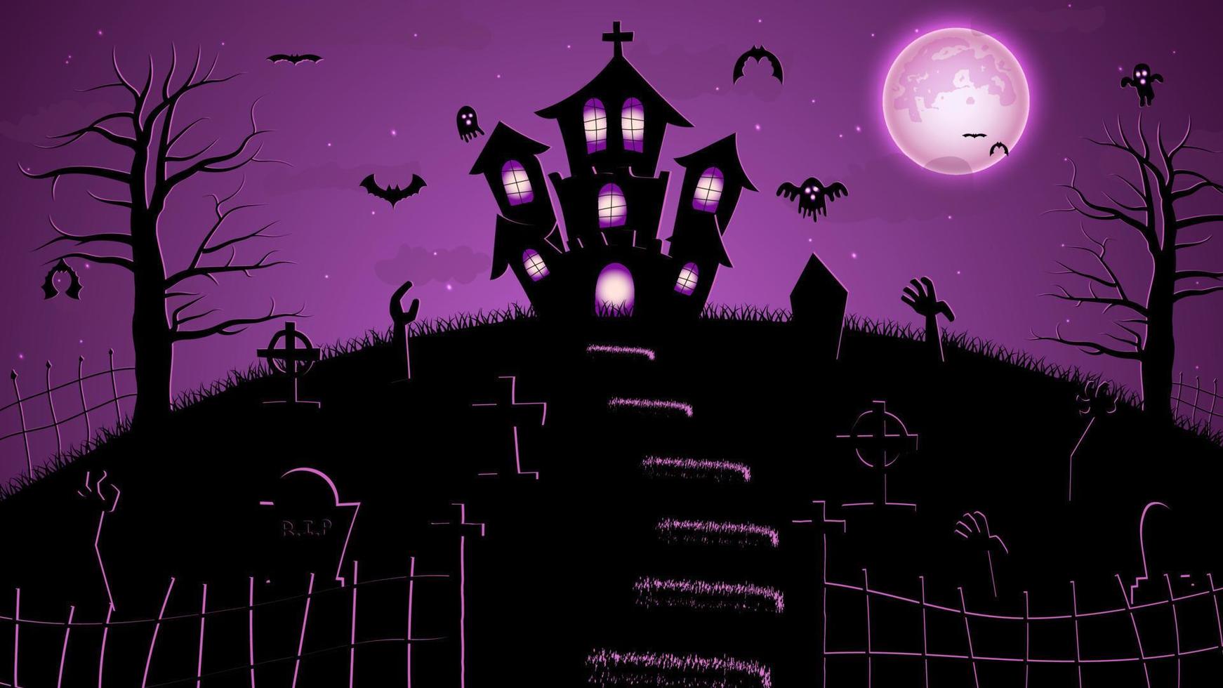 Halloween illustration with silhouettes of halloween pumpkins, spooky tree, vintage haunted house and bats flying over cemetery flat in moonlight vector