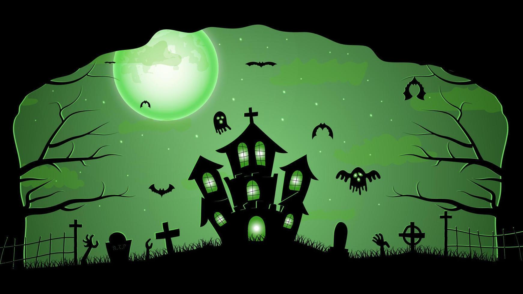 Halloween illustration with silhouettes of halloween pumpkins, spooky tree, vintage haunted house and bats flying over cemetery flat in moonlight vector