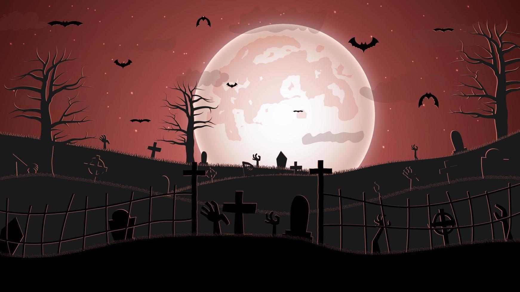 Halloween illustration with silhouettes of halloween pumpkins, spooky tree, vintage haunted house and bats flying over cemetery flat in moonlight vector