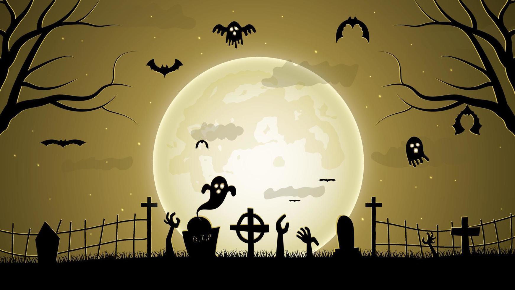 Halloween illustration with silhouettes of halloween pumpkins, spooky tree, vintage haunted house and bats flying over cemetery flat in moonlight vector