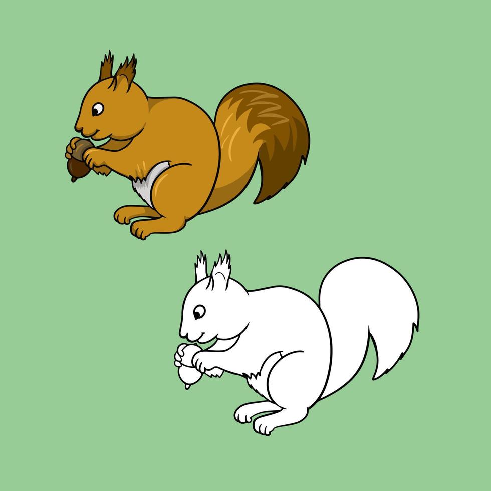A set of pictures, A bright fluffy squirrel sitting and gnawing a nut, a vector illustration in cartoon style on a colored background