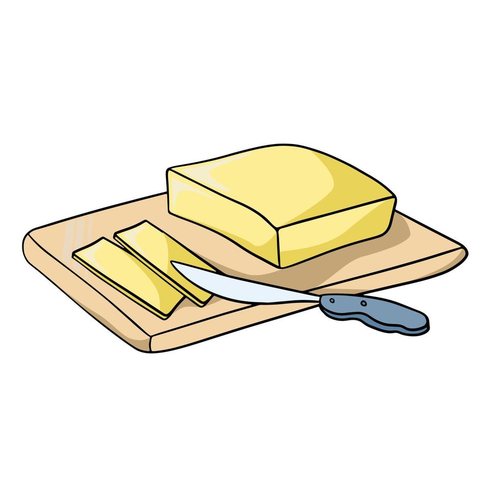 Yellow butter, cut into pieces, sharp knife, vector illustration in ...