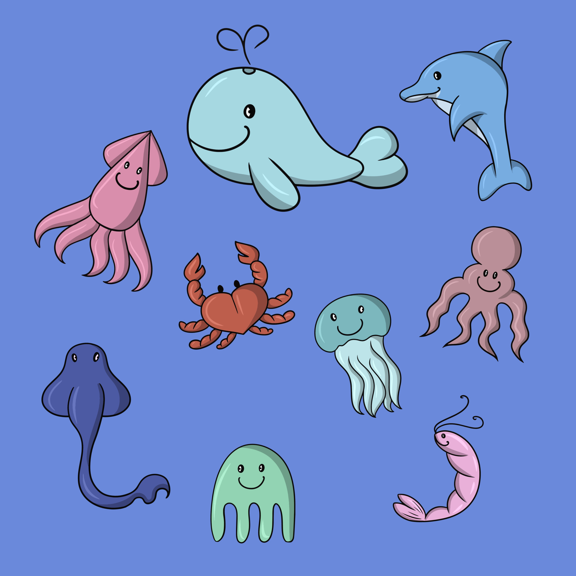 A set of colored icons, cute sea characters, a large whale, a squid and a  stingray, a jellyfish, a crab and a shrimp, a vector illustration in  cartoon style on a blue