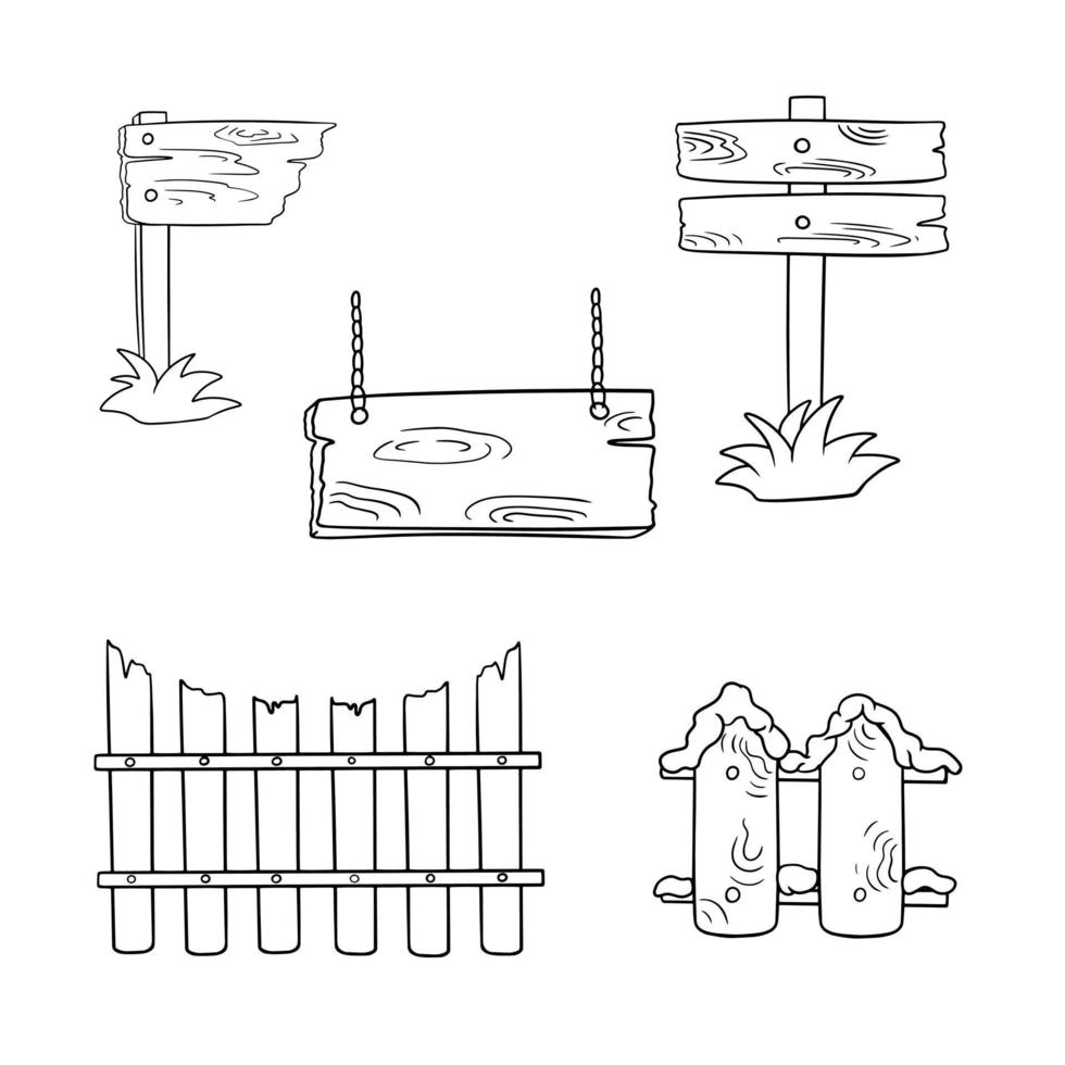 conjunto monocromático de iconos, objetos de madera antiguos, a lo largo de  la valla, signo cuadrado y puntero, ilustración vectorial en estilo de  dibujos animados 11235261 Vector en Vecteezy
