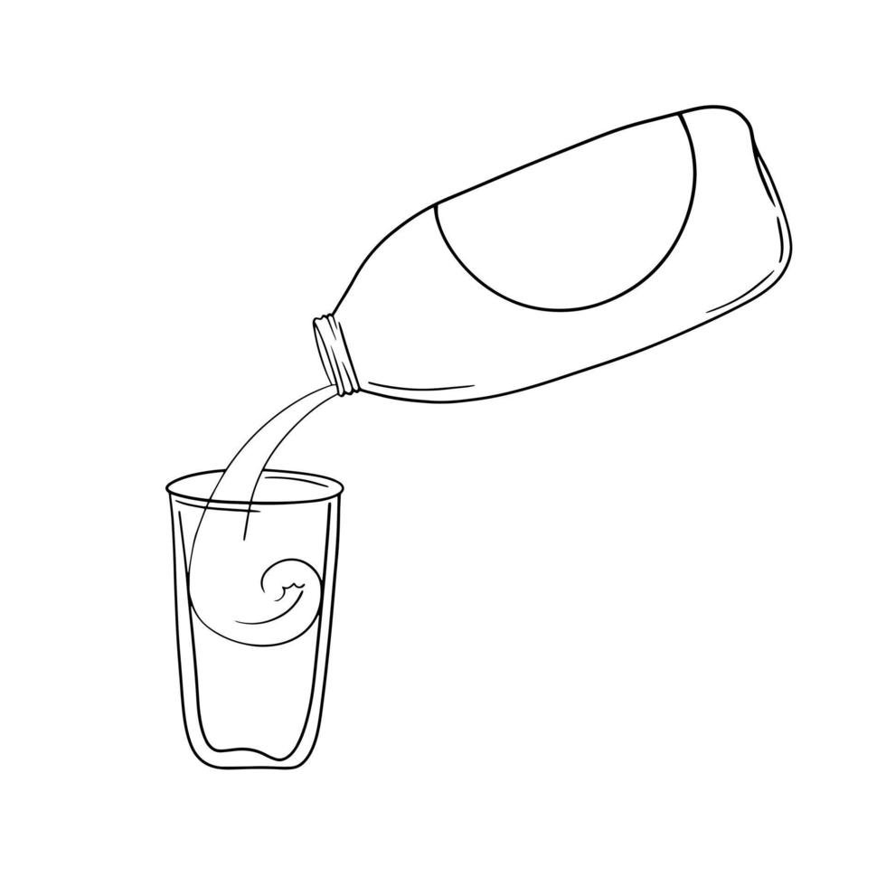 botella de plástico con una bebida, vierta la leche en un recipiente de vidrio, copie el espacio, ilustración monocromática vectorial en estilo de dibujos animados sobre un fondo blanco vector